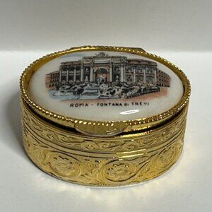 VTG Trevi Fountain in Rome Gold Tone Metal Porcelain Pill Trinket Oval Box 1.25"